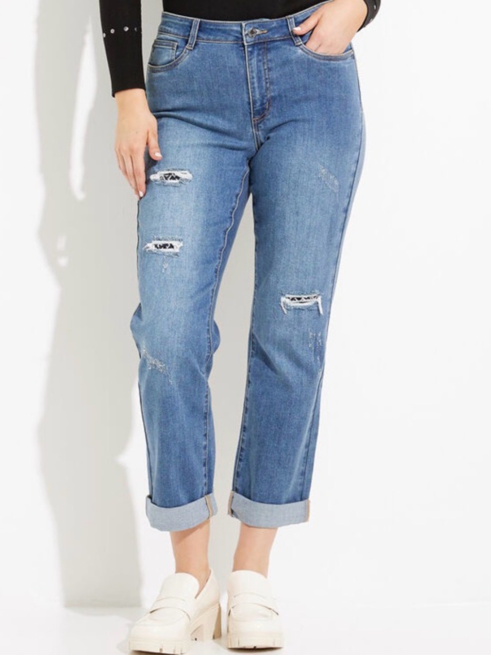 Joseph Ribkoff distressed straight-leg patchwork denim jeans 12x31